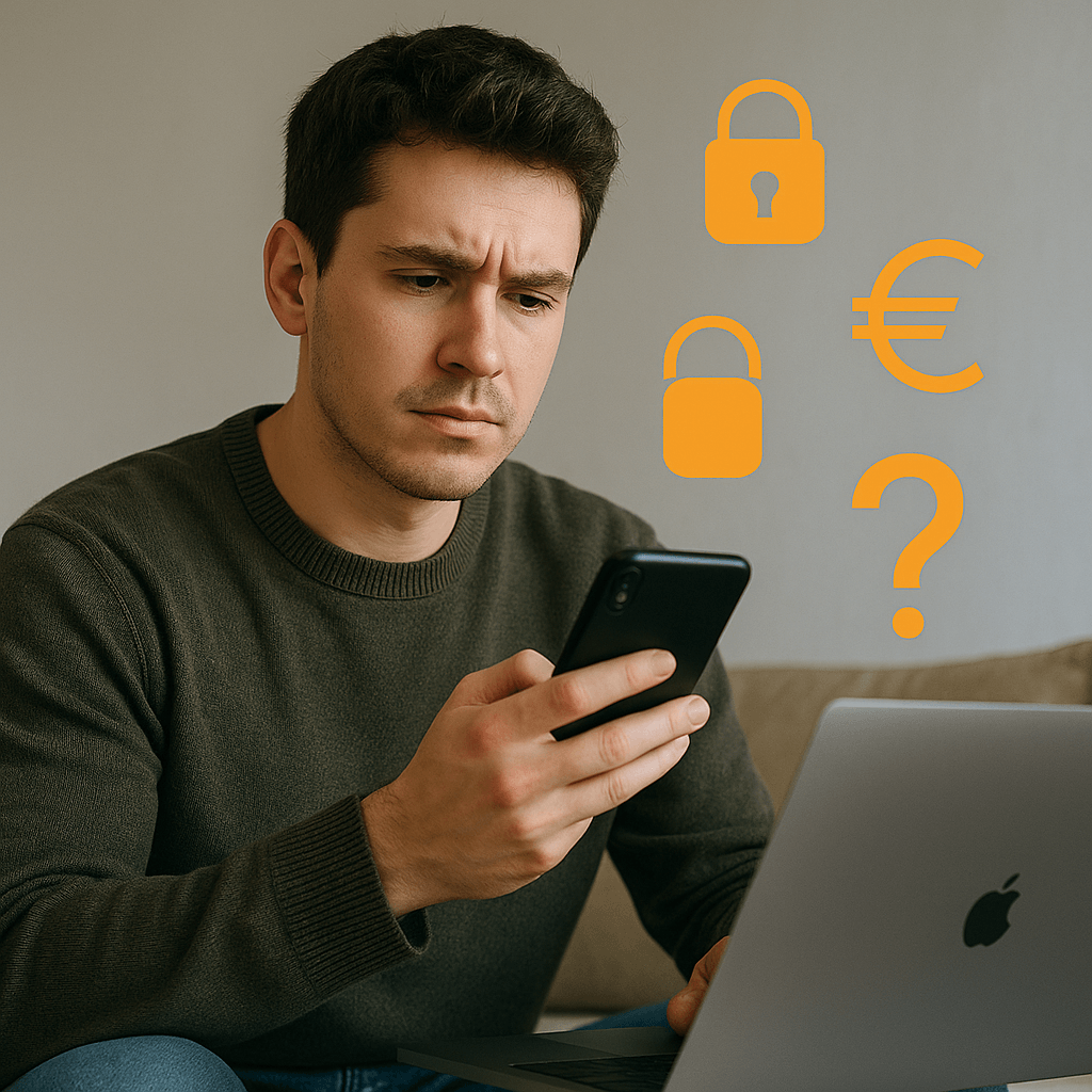 Ein junger Mann informiert sich aufmerksam über die neuen Regelungen zur Paysafecard im Jahr 2025. Die Kombination aus Smartphone und Laptop sowie Symbolen für Sicherheit und Finanzen verdeutlicht die Bedeutung digitaler Zahlungsmittel und Datenschutz. Ideal für Artikel über sichere Online-Zahlungen und Guthabenkarten.